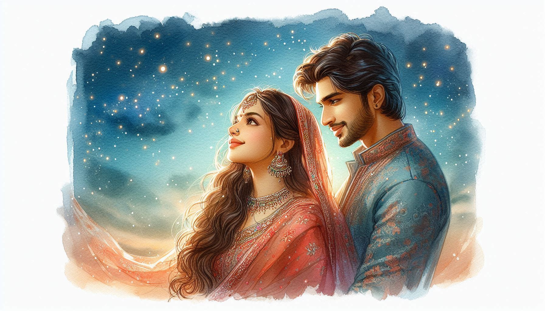 an-illustration-of-a-couple-in-traditional-under-a-starlit-sky-with-string-lights-faces-obscured