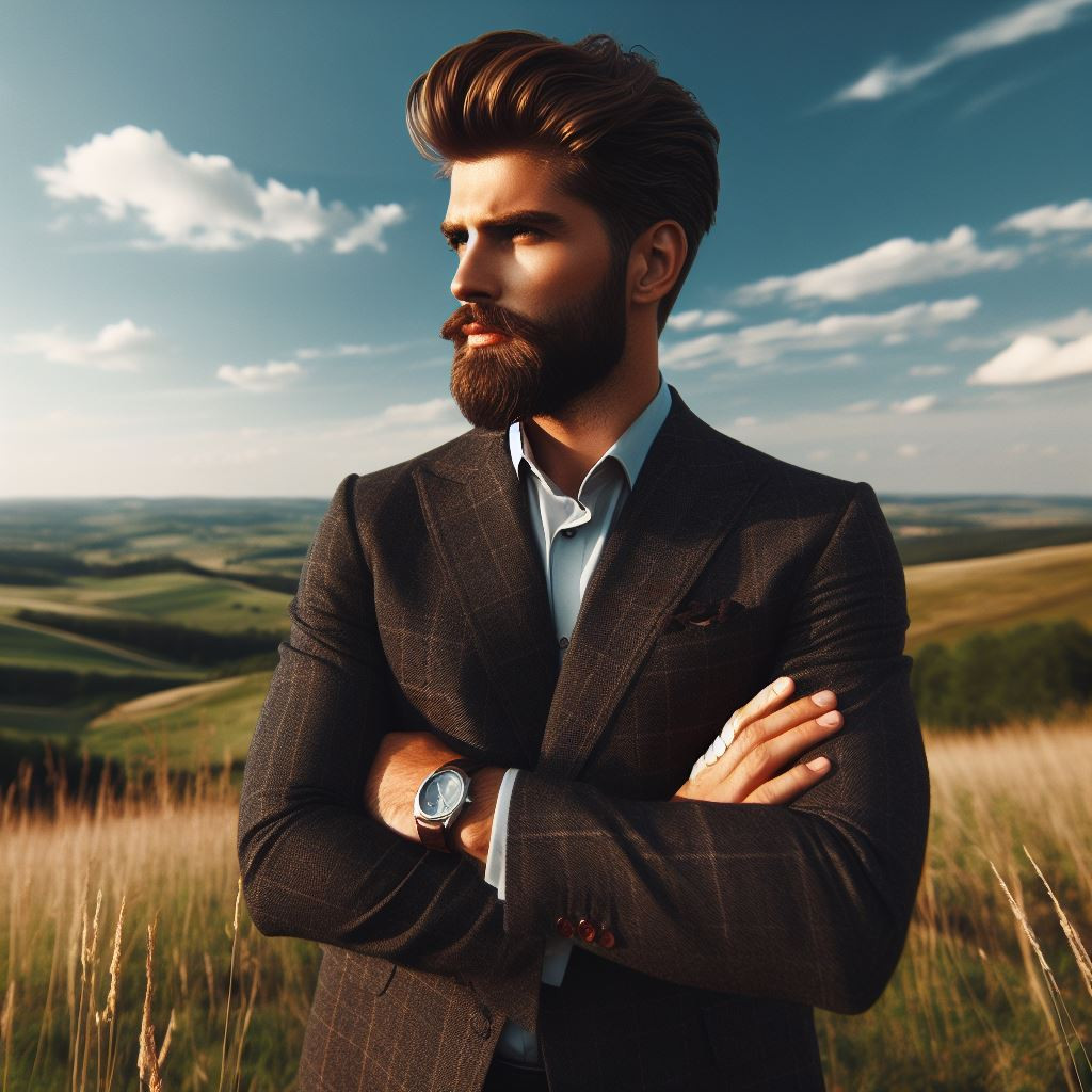 a-person-in-a-stylish-brown-suit-standing-in-a-field-with-a-scenic-view-of-rolling-hills-and-blue-sky