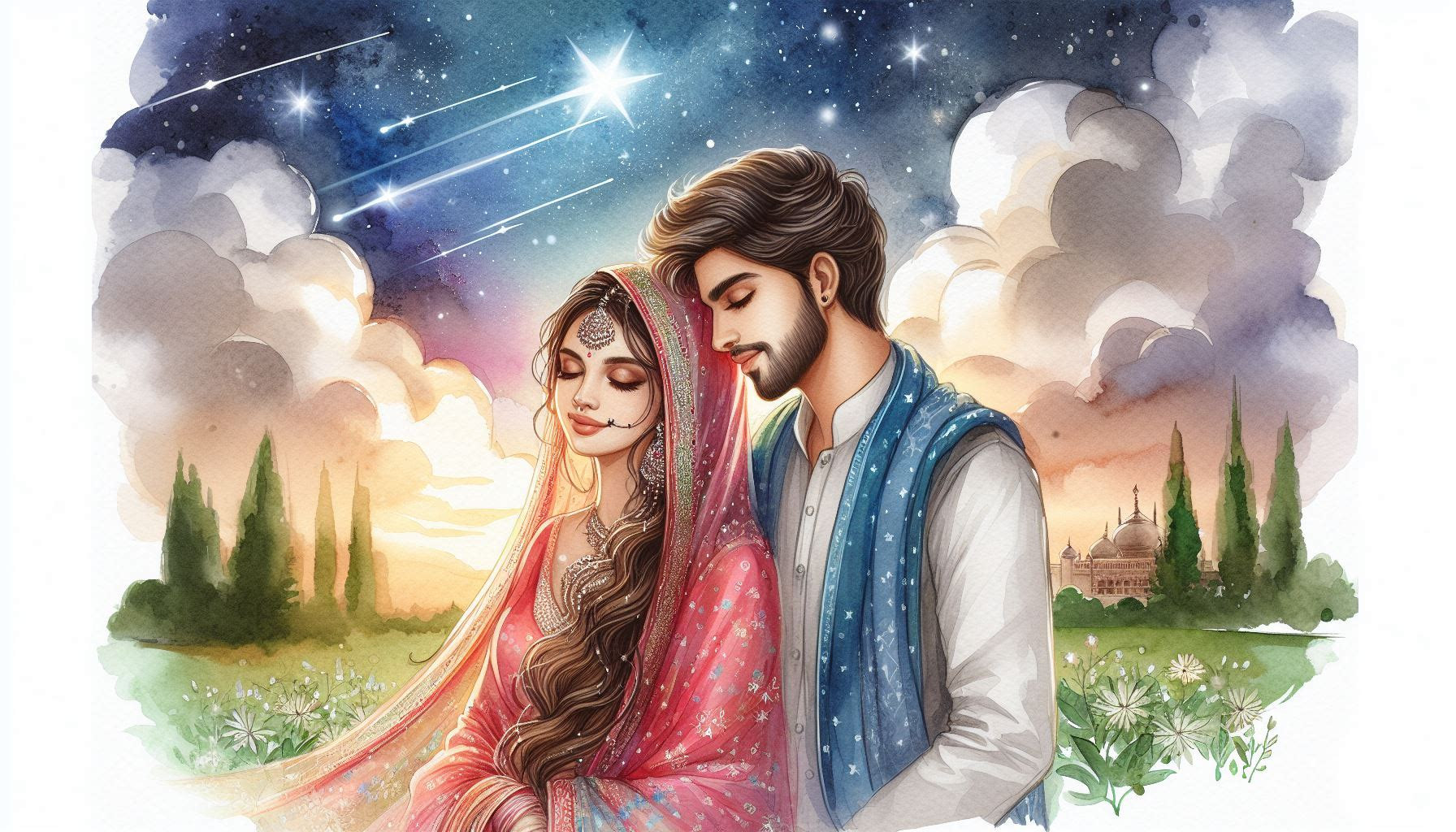 an-artistic-illustration-of-couple-in-traditional-attire-gazing-at-a-starry-sky-surrounded-by-clouds-and-nature