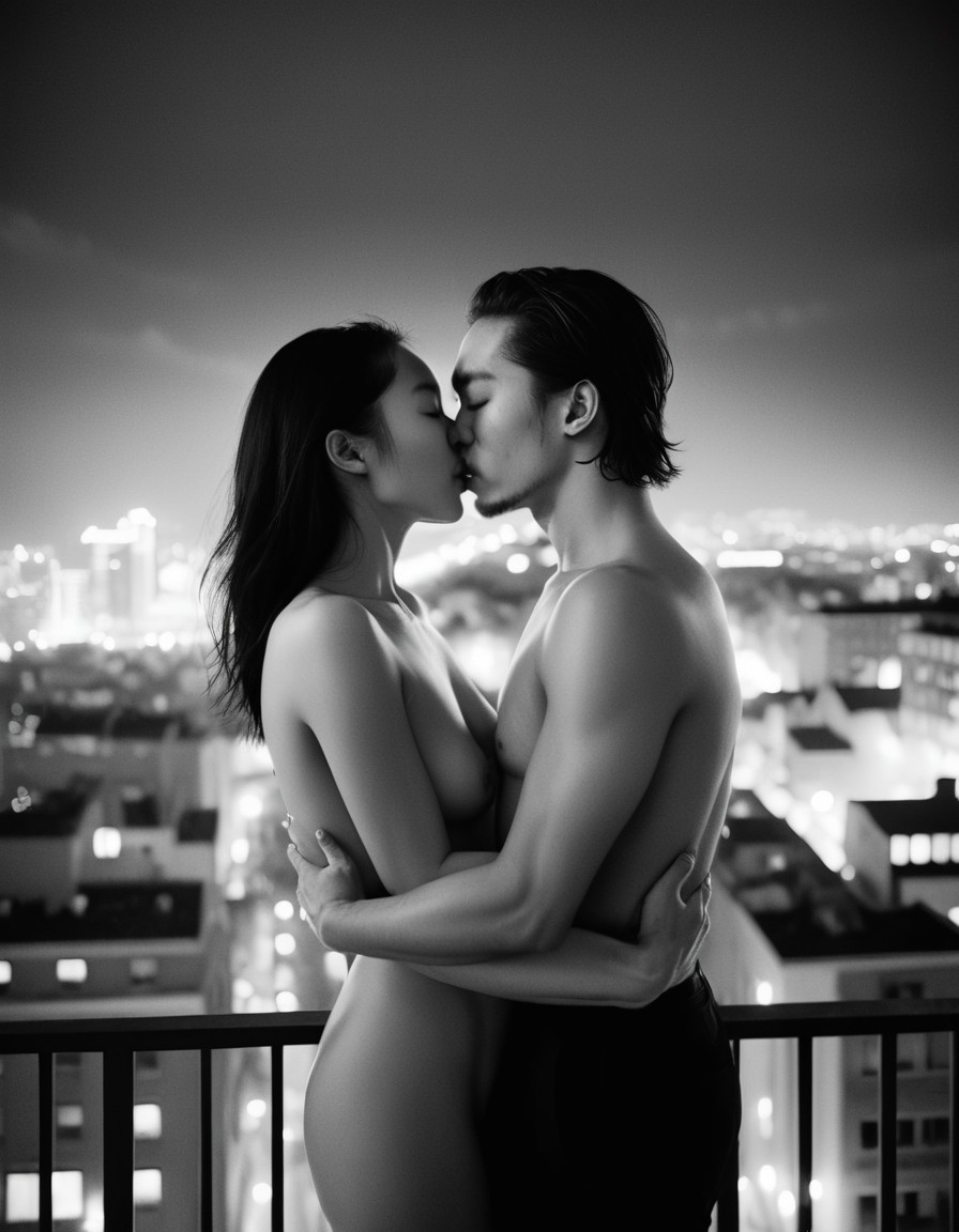 a-silhouette-of-a-nude-couple-smooch-kissing-in-the-balcony